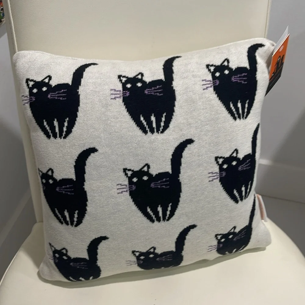 Skull & Bones Halloween Black Cats with Purple Whiskers Throw Pillow